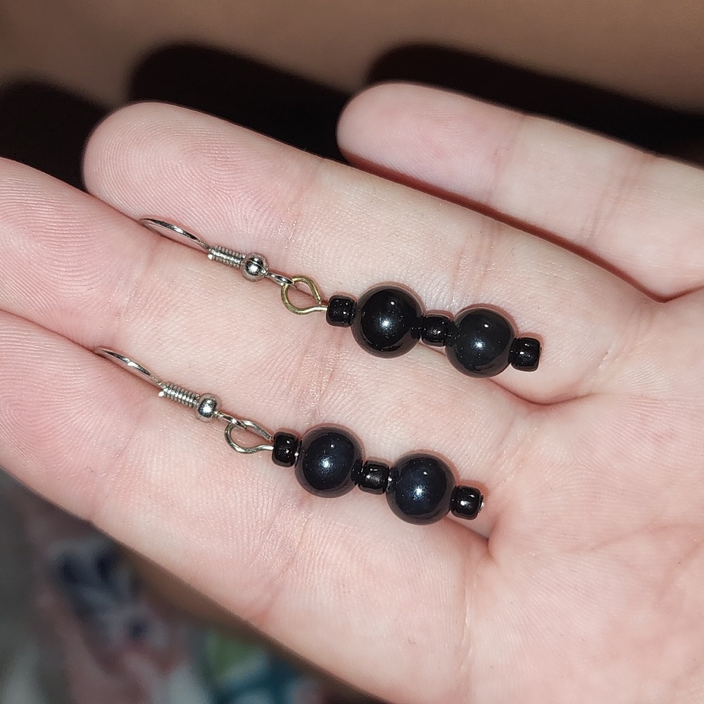 (62) Black Beaded Earrings